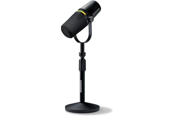 Shure MV7+ Podcast Microphone with Stand. Enhanced Audio, LED Touch Panel, USB-C & XLR Outputs, Auto Level Mode, Digital Pop Filter, Reverb Effects, Podcasting, Streaming, Recording - Black