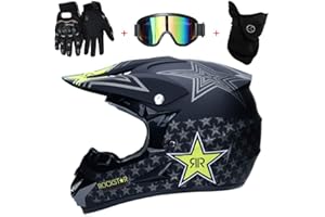 AMITD Kids Motocross Helmet Set (4 Pcs), Rockstar Enduro Crash Helmet Full Face MTB Helmet with Removable Ear Pads, Motorbike Protective Gear for Off Road ATV Quad Bike, Black, XL