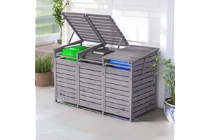 Warmiehomy 3 Wheelie Bin Storage 3 x 240L Wooden Bin Storage for Wheelie Bins, Wooden Recycling Bins Store Outdoor, 1 CM Thick Wood Board, 198 x 86 x 122.5 CM, Grey