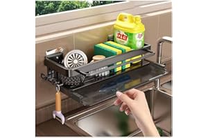 AXROAD MALL Contenitore da parete per lavello da cucina, senza fori, supporto per spugna per lavello, organizer con vassoio antigoccia rimovibile e ganci (nero)