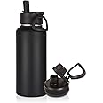 Volhoply 1 Litre Insulated Water Bottle with Straw Lid and Spout Lid,Stainless Steel Sports Water Bottle,Double Wall Vacuum Thermos,Leakproof Metal Flask with Wide Mouth for Hiking,Camping(Black,1)