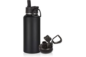 ‎VOLHOPLY Volhoply 1 litr izolowana butelka wody ze słomką i pokrywką, sportowa butelka wody ze stali nierdzewnej,podwójna ściana termosu próżniowego, szczelna metalowa kolba z szerokim otworem na wędrówki