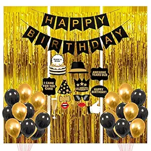 Party Propztm Happy Birthday Combo (3 Golden Foil Curtains, Happy Birthday Banner,1 Set Of Birthday Photo Booth - 24 Pcs Golden & Black Latex Balloon