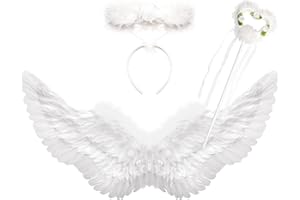 Winwild 3er Engelsflügel Weiß mit Heiligenschein & Zauberstab Set,75cm Engel Flügel Damen Engel Teufel Feen Kostüm Accessoires Erwachsene für Halloween Karneval Cosplay Party Fasching Verkleidung