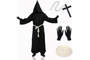XCMVCN Mönch Robe Mittelalter Renaissance Robe, Herren Kapuze Mönch Robe Priester Kostüm, mit Kreuz-Halskette, Handschuhe und Kordel,Halloween, Karneval und Rollenspiel Kostüme