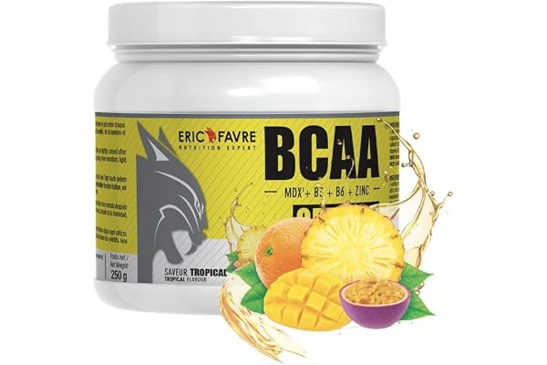 BCAA OPTIMIZ - Acides Aminés BCAA 2.1.1 enrichis en Vitamine B + Zinc, Aide à Réduire la Fatigue - 250g - Saveur Délice Tropical - Eric Favre