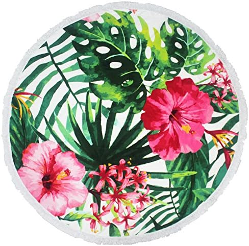 Leana Round Beach Towel Thick Terry with Fringe Tassels - Various Designs & Colors (Green Palm)