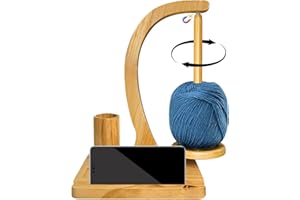 FLITI Wooden Yarn Holder for Crocheting, Wooden Yarn Spool Rack with Cell Phone Holder and Crochet Hook Organizer, Rotating Pendulum Yarn Ball Dispenser Stand,Crochet Lovers (Pine Wood)