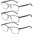 DJOLENSA 3 Pack Reading Glasses for Men, Blue Light Blocking Computer Readers, Metal Frame Spring Hinge Eyeglasses with Pouches, Anti Eyestrain/Glare/UV（200 Magnification Strength）