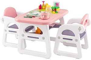 LIFEZEAL Juego de Mesa y Silla para Niños de 1 a 5 Años, Mesa Infantil Rectangular de plástico con 2 sillas, Silla con Respaldo y apoyabrazos (Rosa)