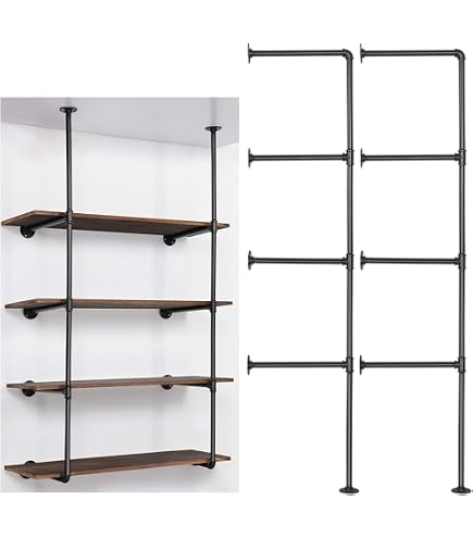 4-Tier Industrial Pipe Shelf Kit – 11.8" Floating Brackets Wall Mounted Black Steel