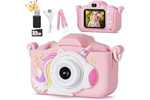 KIZJORYA 48MP Kids Camera for Girls Boys 3-12 Years, 1080P Digital Camera Toy Kids Camera, Toy Gift for 3 4 5 6 7 8 9 10 Years Girls, 32GB SD Card and Unicorn Silicone Case (Pink)