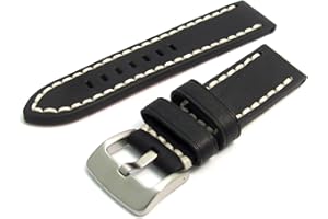 Condor Heavy Stitched Saddle Leather Watch Strap Band 22mm Black with White Contrast Stitching 319r