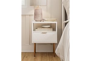 HEYZOEY Nachttisch, Nachtschrank mit 1 offenen Ablagen und 1 Schublade, Modern Nachtkästchen, Boho Nachtkommode für Schlafzimmer, Wohnzimmer, Weiß und Gold