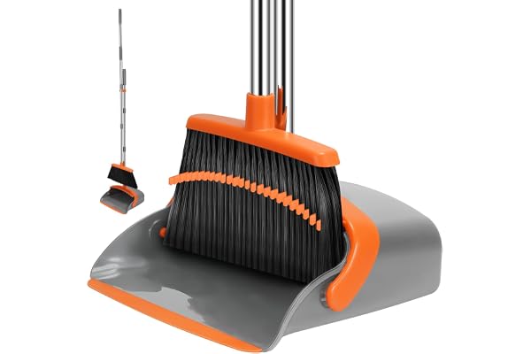 NACENA Broom and Dustpan Set, 55-in Long Adjustable Handle Broom Dustpan Combo with Dustpan Teeth to Automatically Clean Hair Suitable for Home Kitchen Office Hall Floor, Large(Grey&Orange)