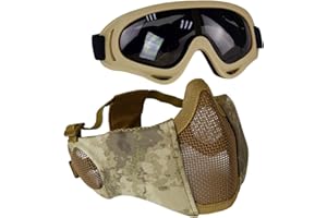 Aoutacc - Set di accessori protettivi per softair, maschera a metà viso in rete con protezione per le orecchie, e occhialini per CS / caccia / paintball / tiro