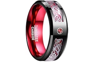 NUNCAD Anello in Carburo di Tungsteno per Uomo Donna con Zircone Drago Celtico e Fibra di Carbonio per Matrimonio/Fidanzamento/Anniversario Bianco+Rosso 8mm(15-34)