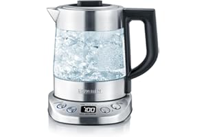 SEVERIN Tetera y hervidor de agua Deluxe Mini, tetera eléctrica de cristal para hasta 1,0 L, tetera pequeña con temperatura ajustable, color acero cepillado/negro, WK 3473