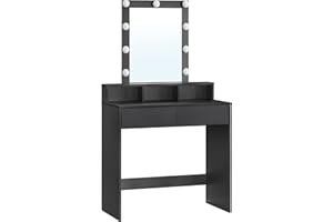 ‎VASAGLE VASAGLE Toaletka, lustro LED z regulowaną jasnością, stół do makijażu z lustrem, 2 szufladami i 3 przegródkami, kącik kosmetyczny, nowoczesny styl, czarny, RDT114T16