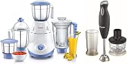 Prestige Iris(750 Watt) Mixer Grinder with 3 Stainless Steel Jar + 1 Juicer Jar, White and Blue
