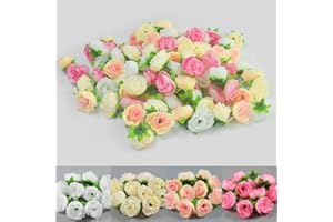 DOUSELLA 100 PCS Flores Artificiales Blanco Rosa Beige Champán Rosa Artificiales en Seda Flor Falsa Cabezas de Flores Artificiales Flores Rosa Falsa Cabeza de Rosa Flor Artificial Mini Flores de Seda