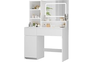 Devoko Dressing Table,LED Lights with Adjustable Brightness,Vanity Table with Mirror,Makeup Desk with 2 Drawers,Open Shelves and Storage Cabinet,Modern White