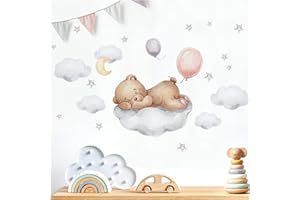 WANDARO Little Deco Wandsticker Bär auf Wolke Wandtattoo Teddybär Luftballons Babyzimmer Schlafzimmer Wandaufkleber für Kinderzimmer Wanddeko DL871-6
