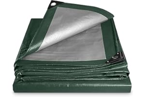 TRADEEN Green-Silver Tarpaulin Sheet Cut-Size 3m x 3m Mediumweight PE Plastic Tarp 140gsm Water-Resistant Ground Sheet Multipurpose Tarpaulin Covers used for Garden Furniture Shed Camping (10ft x 10ft)