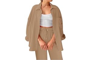 BOSSETY Sommer Outfit Damen Zweiteiler Damen Sommer Musselin Schlafanzug Damen Musselin Bluse Hemd und Shorts Clothes Aesthetic Lounge Zweiteiler Strand Outfit Set