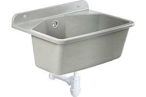 gospo Ausgussbecken mit Siphon, 46 x 37 x 20 cm, Waschbecken aus Kunststoff, Waschtrog für Garage, Keller, Waschküche, Werkstatt, Wandmontage, in Platte, Spülbecken inkl. Zubehör (grau)