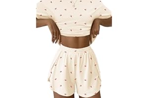 IECCP Schlafanzug Damen Kurz Pyjama Kurzarm Pyjamas Set Nachtwäsche Schlafanzugoberteile Zweiteiliger Sommer Loungewear Sleepwear Hausanzug für Zuhause Urlaub Freizeit
