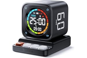 Ticktime TK3 Pomodoro Timer, Würfel-Timer mit 5/10/30/60 Min, 25/5 Pomodoro, Custom Countdown & Stoppuhr, Uhr, 3 Alarme, Lautlos/Vibration/Ton, für ADHS, Lernen, Küche, Arbeit, Schwarz