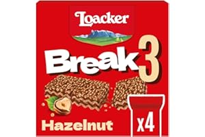 Loacker, Break3, Barrette con Crema alle Nocciole 100% Italiane e Ripieno di Friabili Cialde Crispies, Snack Croccante e Gustoso, Merenda e Snack, Confezione da 4 Barrette da 19g (76g)
