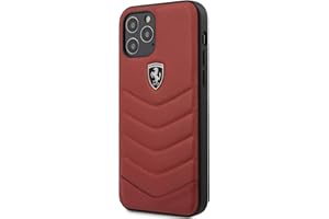 CG MOBILE Ferrari - Funda para iPhone 12/12 Pro en color rojo con edredón y borde negro, funda protectora y duradera de piel auténtica con fácil ajuste a presión, absorción de golpes y logotipo de la