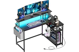 Yornoli L Shaped Desk with Led Lights＆Power Outlet 118CM Corner Gaming Desk for Small Spaces with Storage Shelves Corner Office Desk
