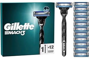 Gillette Rasoir Pour Homme Mach3, Manche Réutilisable En Acier Inoxydable Et12 Cartouches De Recharge A 3 Lames Pour Un Rasage Du Visage Doux, Avec Bande Lubrifiante Pour Protéger La Peau