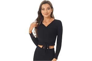 HULIJA Women's Crochet V Neck Long Sleeve Ballet Dance Wrap Top Self Tie Sport Active Shirt Cover Up