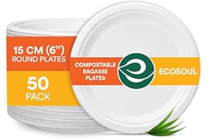 ECO SOUL Small White Paper Plates (15Cm) 6 Inch [50-Pack] Heavy Duty Disposable Sugarcane Bagasse Plates | Eco Friendly Biodegradable Microwave Safe Party Plates