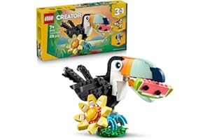 LEGO Creator 3 w 1 Dzikie zwierzęta: Tropikalny tukan, figurka do przebudowania na motyla lub rybę, zabawka dla dziecka, ozdoba do pokoju dziecięcego, prezent dla 7-latki, dziewczynki i chłopca 31173