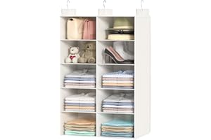 ALLTIDYUP Organizer Armadio da Appendere-Ripiano Pieghevole a Doppia Fila con 5 Scomparti,10 Tasche e 3 Ganci,Salvaspazio per Vestiti-Bianco,Ideale per Dormitori e Camera da Letto