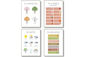 EQUIK PRODUCTS Set di 4 poster educativi, decorazione per la cameretta dei bambini, per l'asilo, l'asilo, la scuola elementare, Montessori, per ragazze e ragazzi (mesi, tempo metereologico, formato A4)