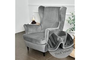 Highdi Funda de Sillón de Orejero Elástica, Terciopelo Relax Color sólido Funda de Sofá con Funda de Cojín 2-Piezas, Fundas Protector de Butaca para Strandmon, Dormitorio Recepción (Gris)