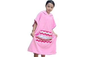 DiaryLook Kids Swimming Changing Robe with Hood, Beach Poncho Towel with Pockets Boys & Girls Quick Dry, Bath Robe Surfing Watersport Pink Stripes 10-13 Years