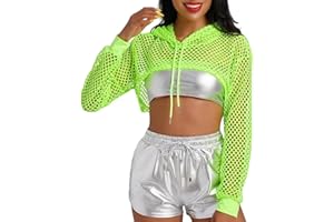 SamHeng Donna Maglia a rete Manica lunga Crop Top Camicette in rete Pullover Aperta davanti Felpa con cappuccio T-shirt corte per Party Clubwear Cover Up