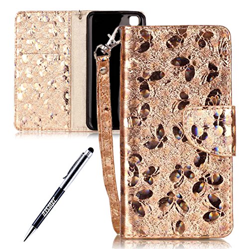 LG X Style Case, LG X Style Cover, JAWSEU LG X Style Wallet Case Luxury Butterfly Premium PU Leather Flip Cover for LG X Style Protector Bumper Skin with Soft Silicone Case Credit ID Card Slots Magnetic Closure Kickstand Strap Wallet Pouch Smartphone Shell Protective Phone Case for LG X Style + Stylus Pen - Butterfly, Gold