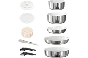 RIOVARM Acciaio inossidabile Set di pentole e padelle Induzione con manici staccabili, Ceramica Antiaderente Impilabile Set di pentole con coperchi, Adatto ai forni, Lavabile in lavastoviglie