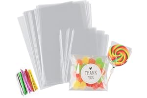 Sweelov Lot de 200 petits sachets en cellophane avec bandes métalliques et autocollants Transparent Petits sachets en cellophane pour bonbons et bonbons