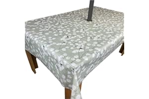 Karina Home Outdoor Garden Tablecloth with Parasol Umbrella Hole Sage Green Leaf Wipe Clean 200cm x 140cm