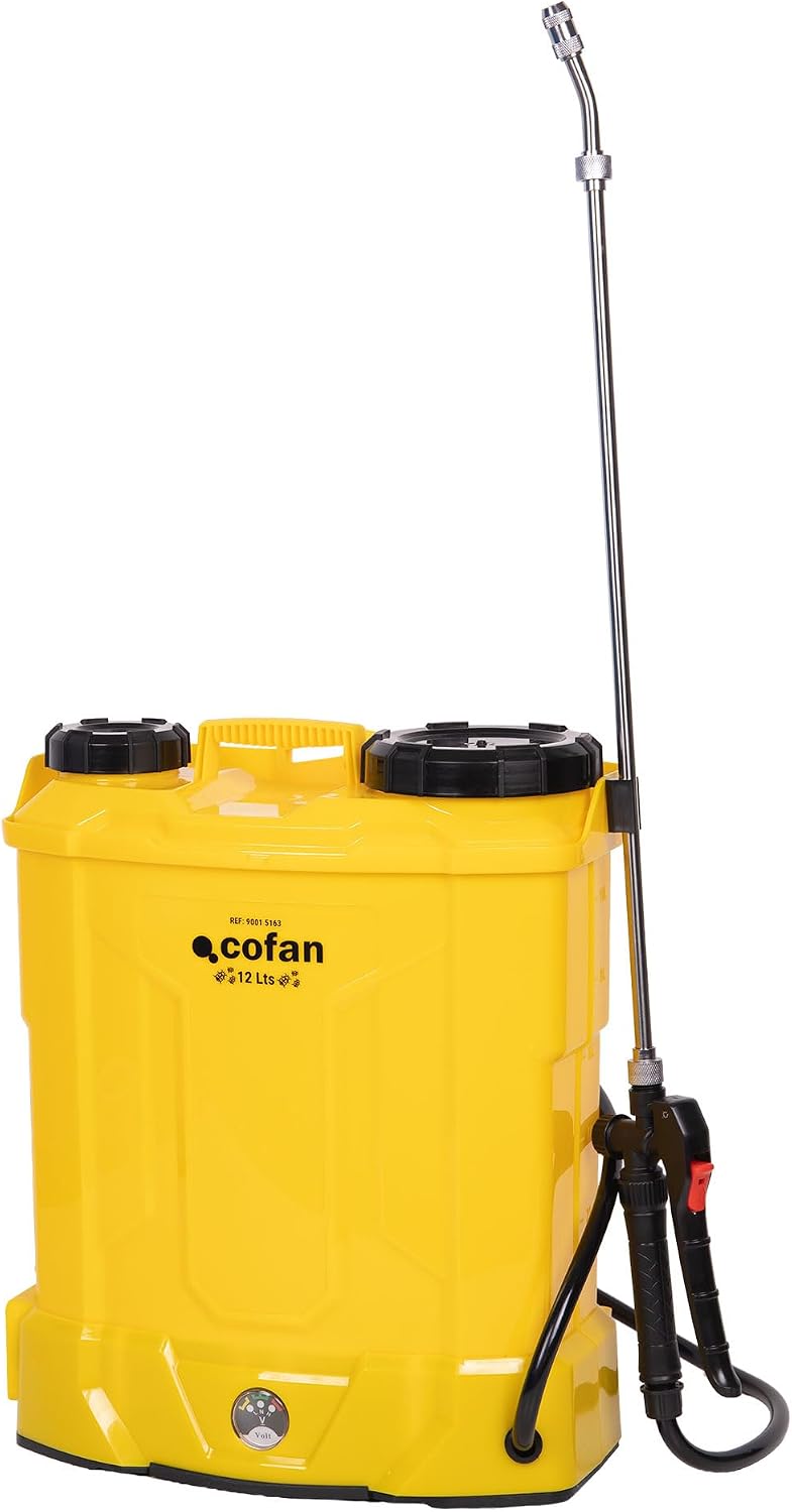 Cofan Pulverizador de Espalda Eléctrico, Sulfatadora Profesional de 12 litros, Batería de Litio 12 V, Lanza de Acero Inoxidable, 4 Boquillas Incluidas (Amarillo, 12 litros, Pulverizador de Espalda)