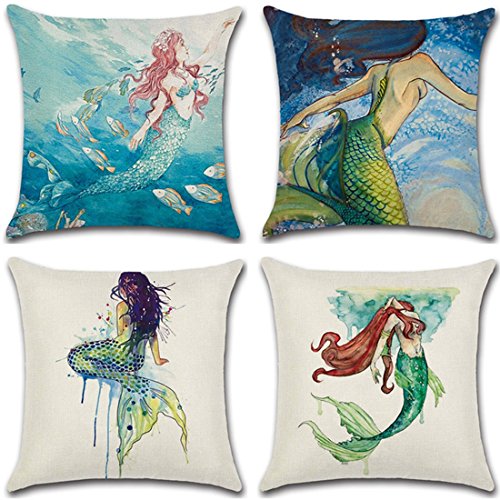 Calcifer 45,7 x 45,7 cm (45 x 45 cm) die Meerjungfrau Robuster Baumwolle Leinen Überwurf Kissen Kontakte Fall Kissen für Home Sofa Deko (Set of 4)